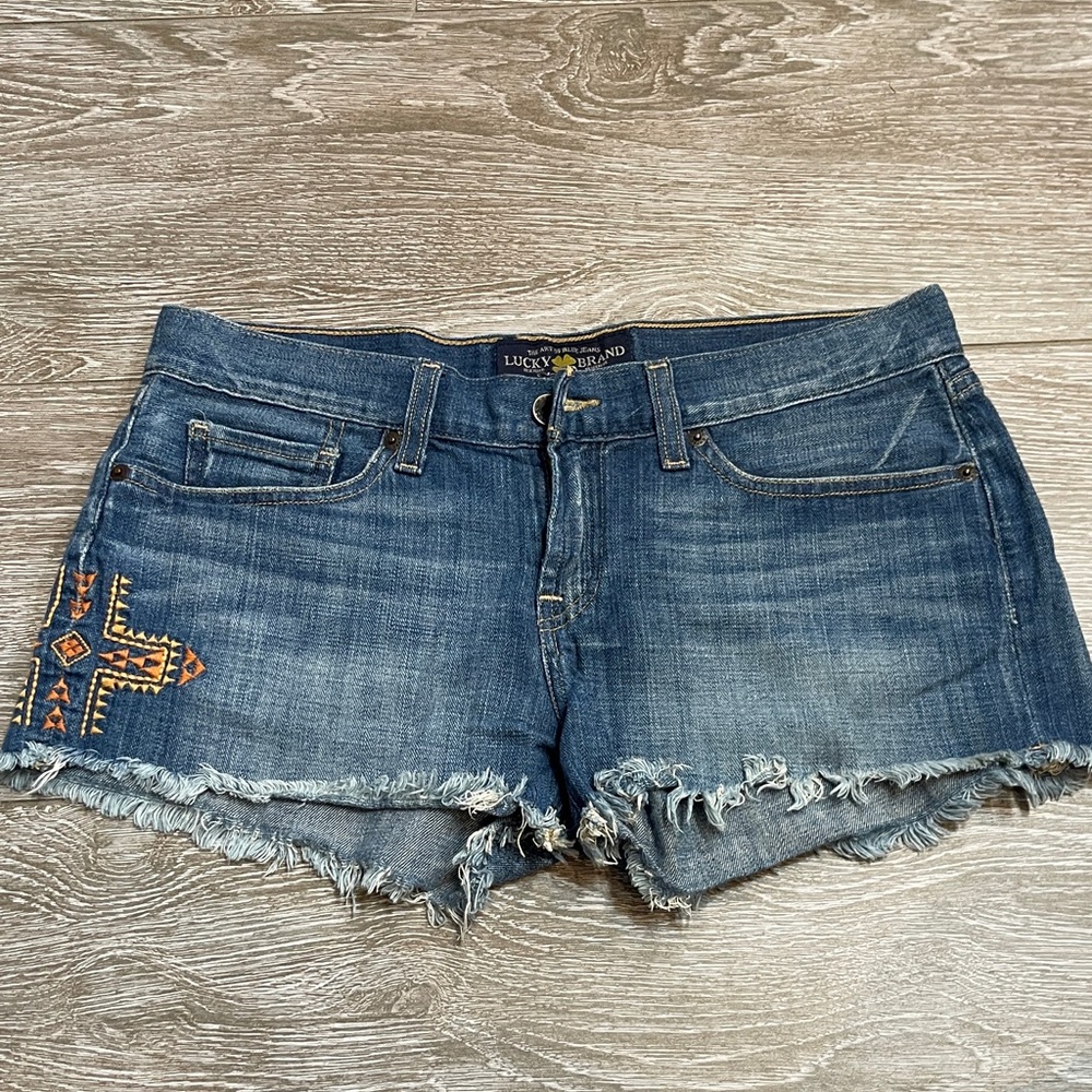 Lucky Brand Blue Denim Frayed Hem Shorts with Embroidered Accent